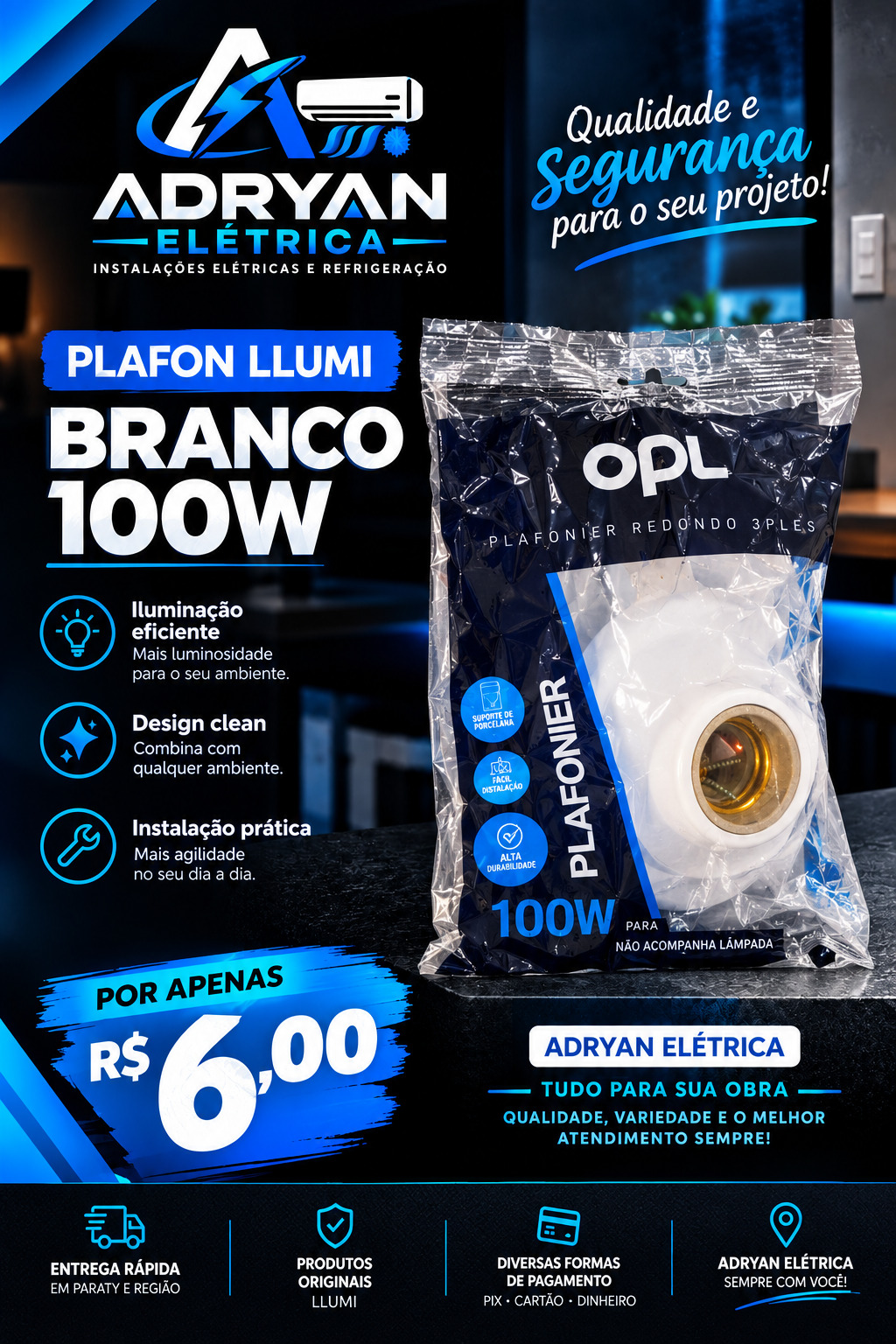 Arte original do produto PLAFON LLUMI BRANCO 100W, preço R$ 6,00