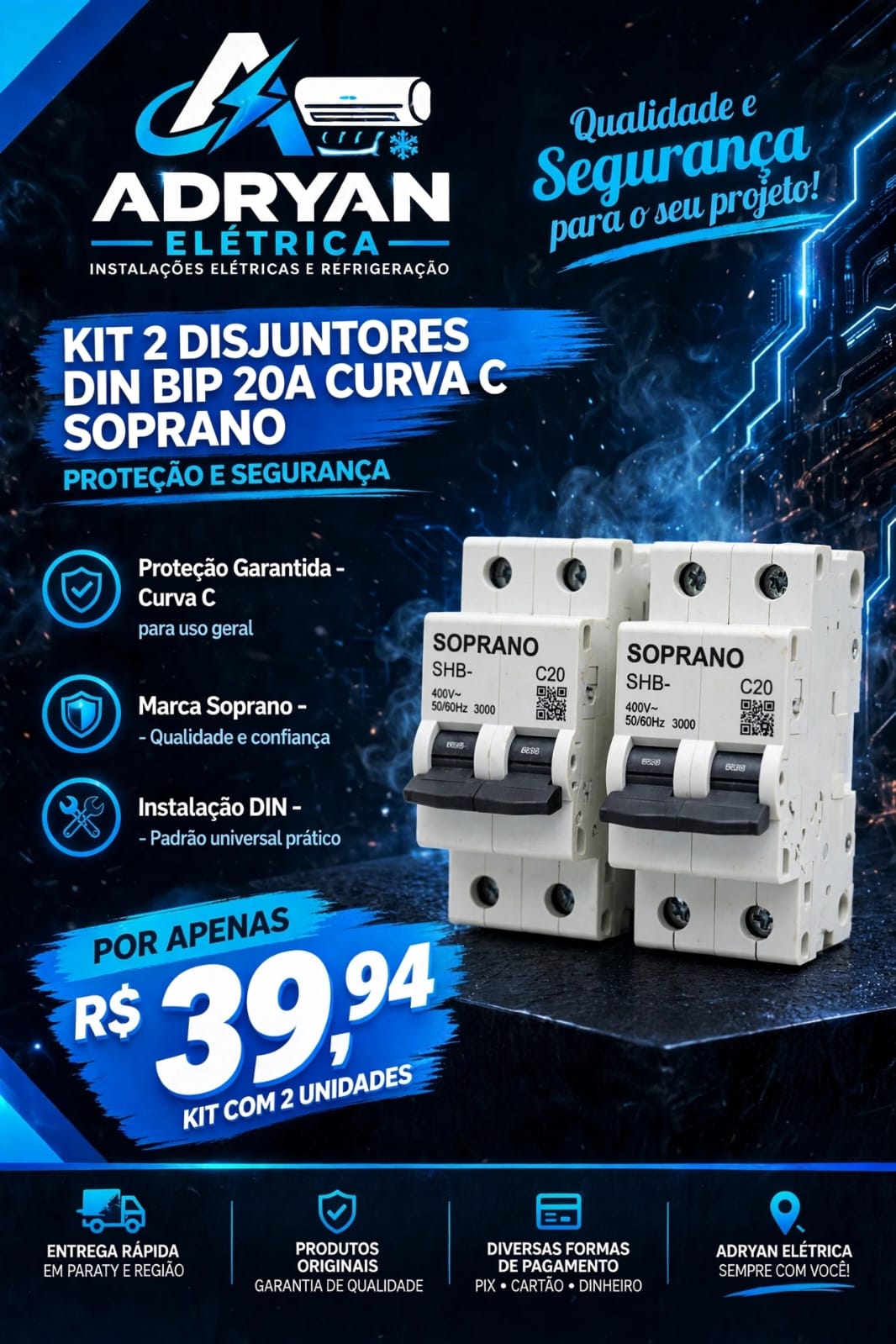 Arte original do produto KIT 2 DISJUNTORES DIN BIP 20A CURVA C SOPRANO, preço R$ 39,94