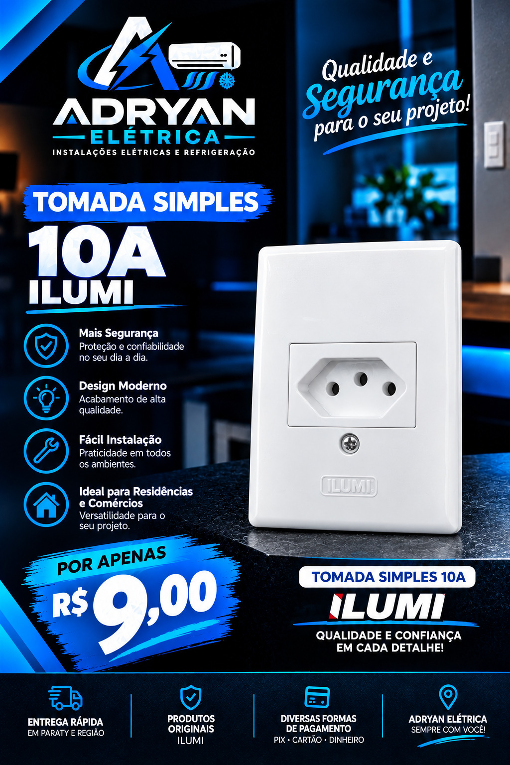 Arte original do produto TOMADA SIMPLES 10A ILUMI, preço R$ 9,00