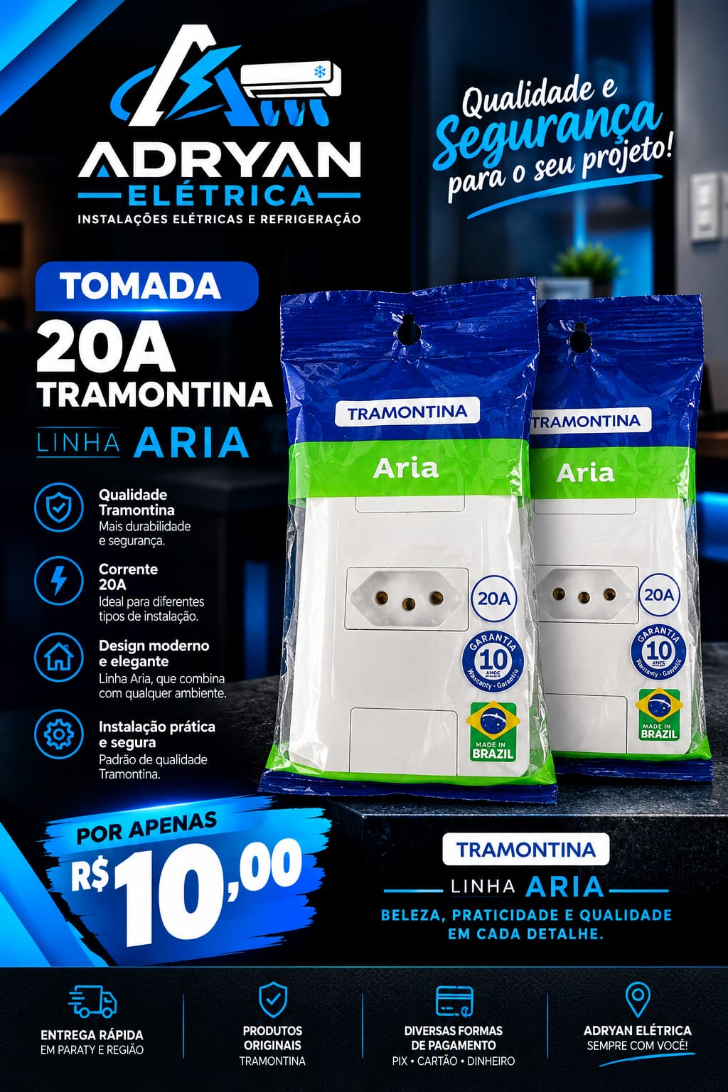 Arte original do produto TOMADA 20A TRAMONTINA, preço R$ 10,00