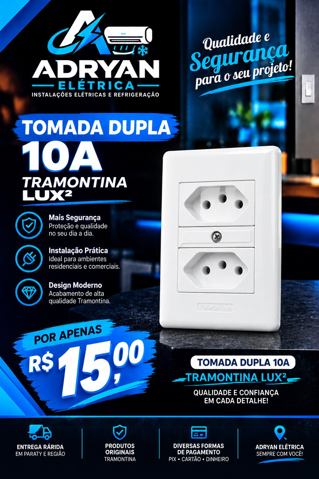 Arte original do produto TOMADA DUPLA 10A TRAMONTINA LUX², preço R$ 15,00