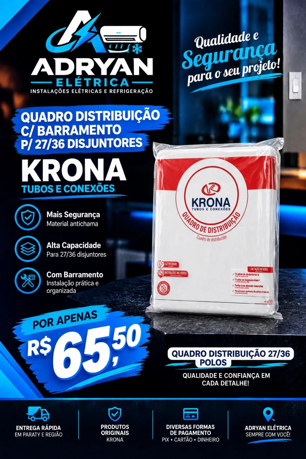 Arte original do produto QUADRO DISTRIBUIÇÃO C/ BARRAMENTO P/ 27/36 DISJUNTORES KRONA, preço R$ 65,50