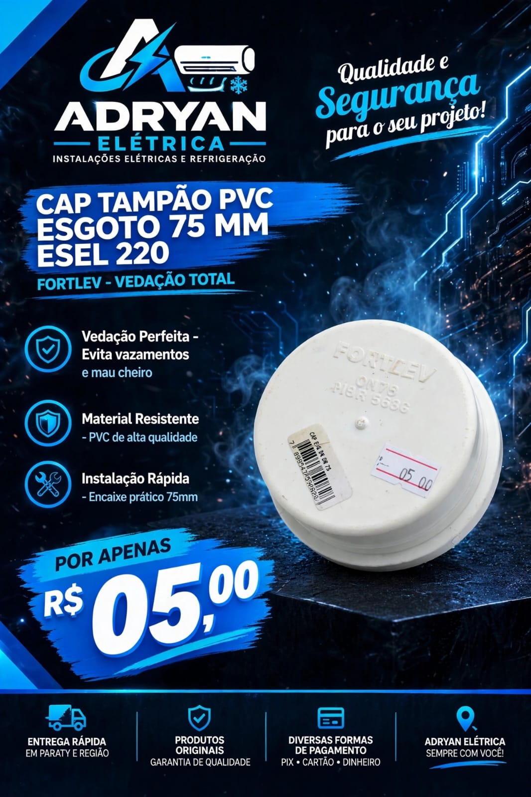 Arte original do produto CAP TAMPÃO PVC ESGOTO 75 MM ESEL 220, preço R$ 05,00